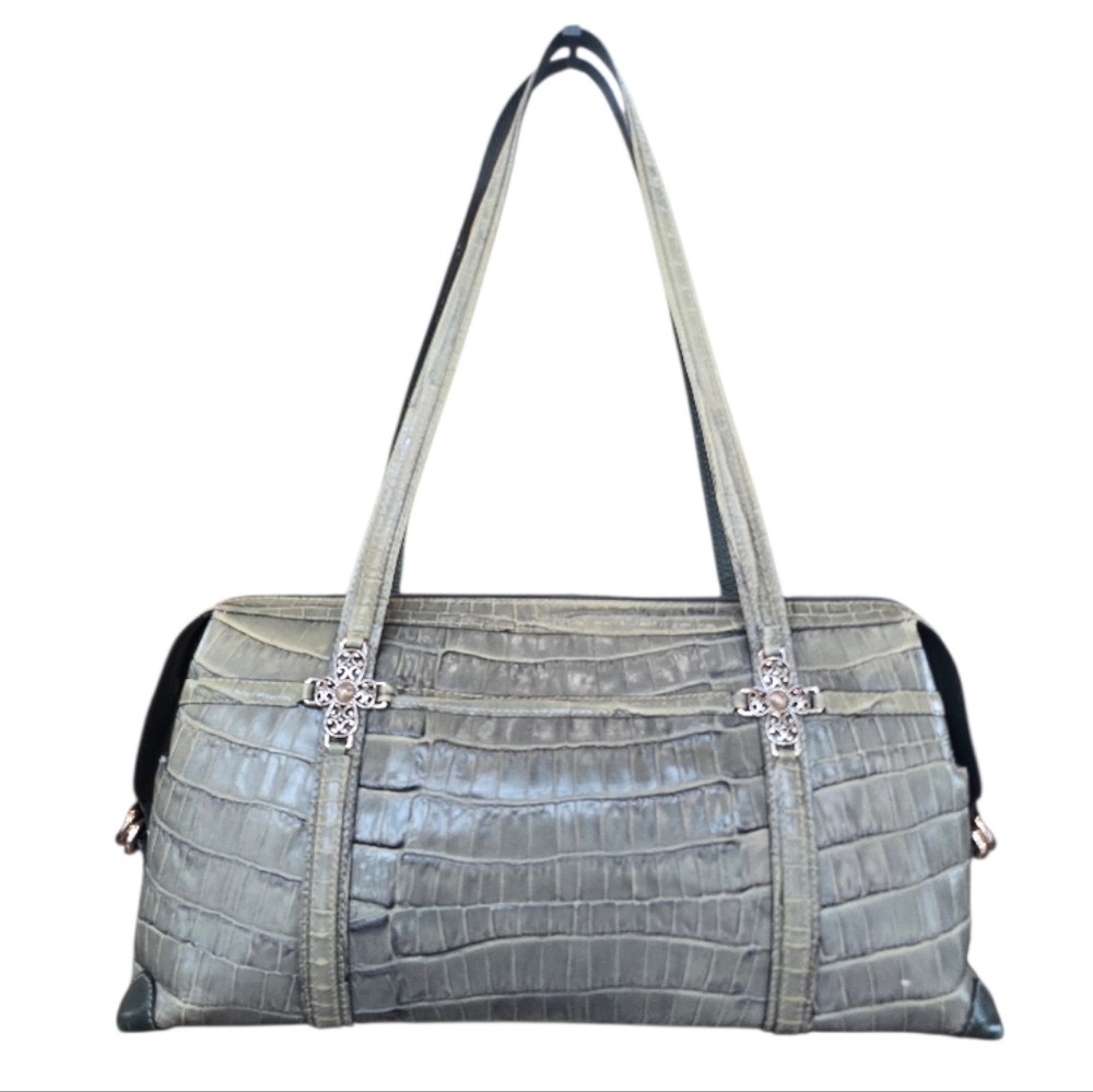Brighton Sage Green Croc Embossed Leather Vintage Satchel Shoulder Bag - Picture 2 of 16